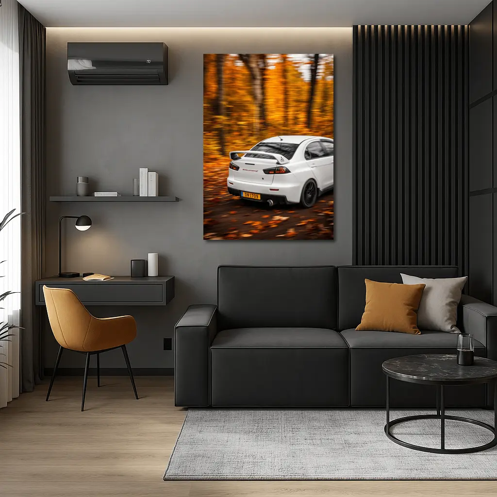 Mitsubishi Lancer Evolution White Autumn Forest – Wall Art