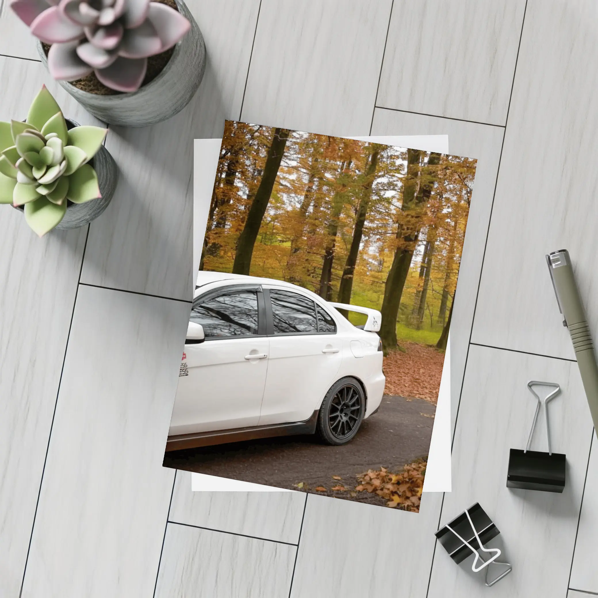 Mitsubishi Lancer Evo White Autumn Forest – Postcards