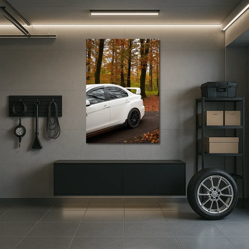 Mitsubishi Lancer Evo White Autumn Forest – Wall Art