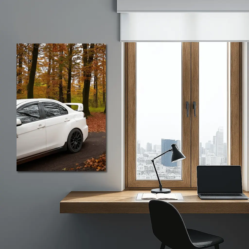 Mitsubishi Lancer Evo White Autumn Forest – Wall Art