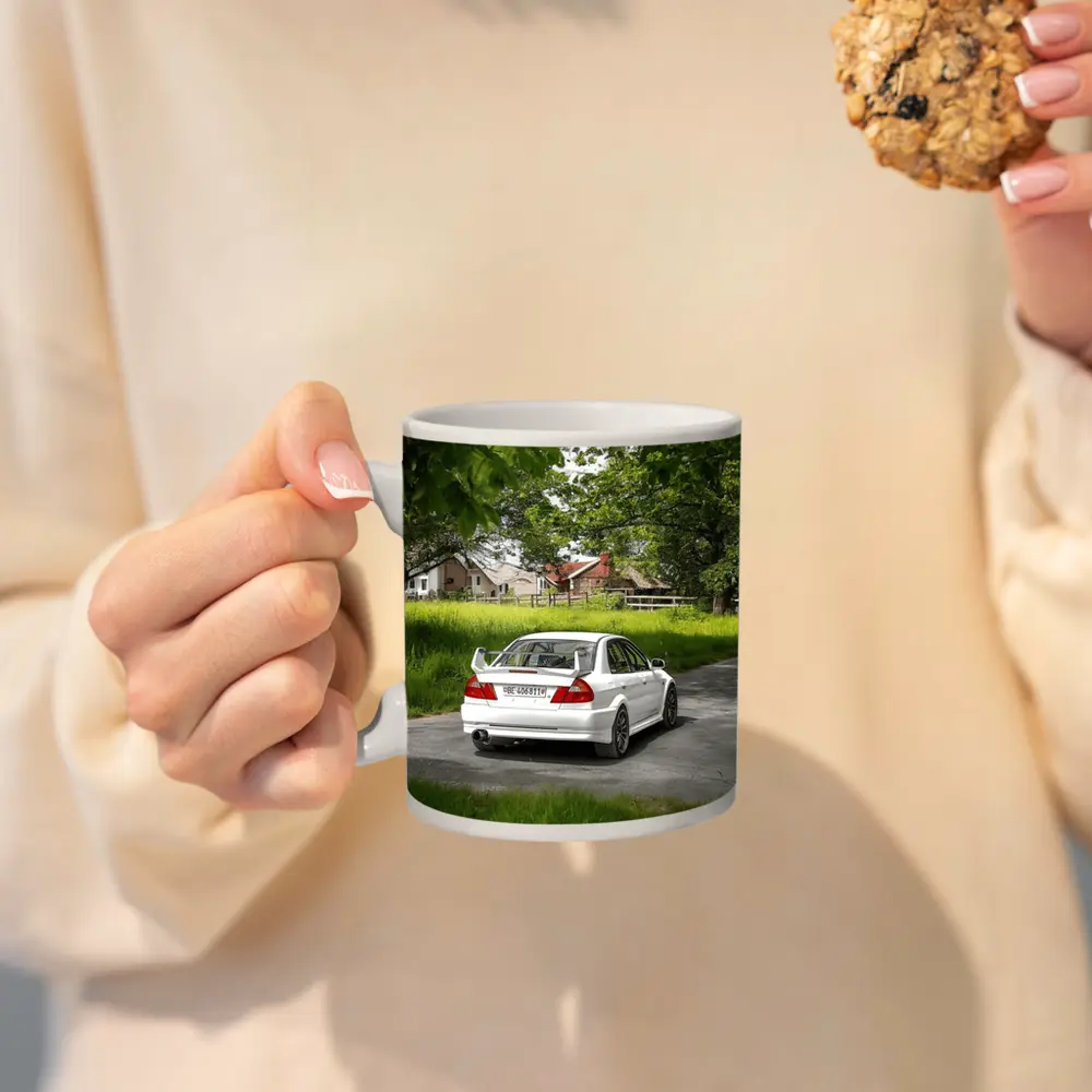 Mitsubishi Lancer Evolution White Rural Road – Mugs