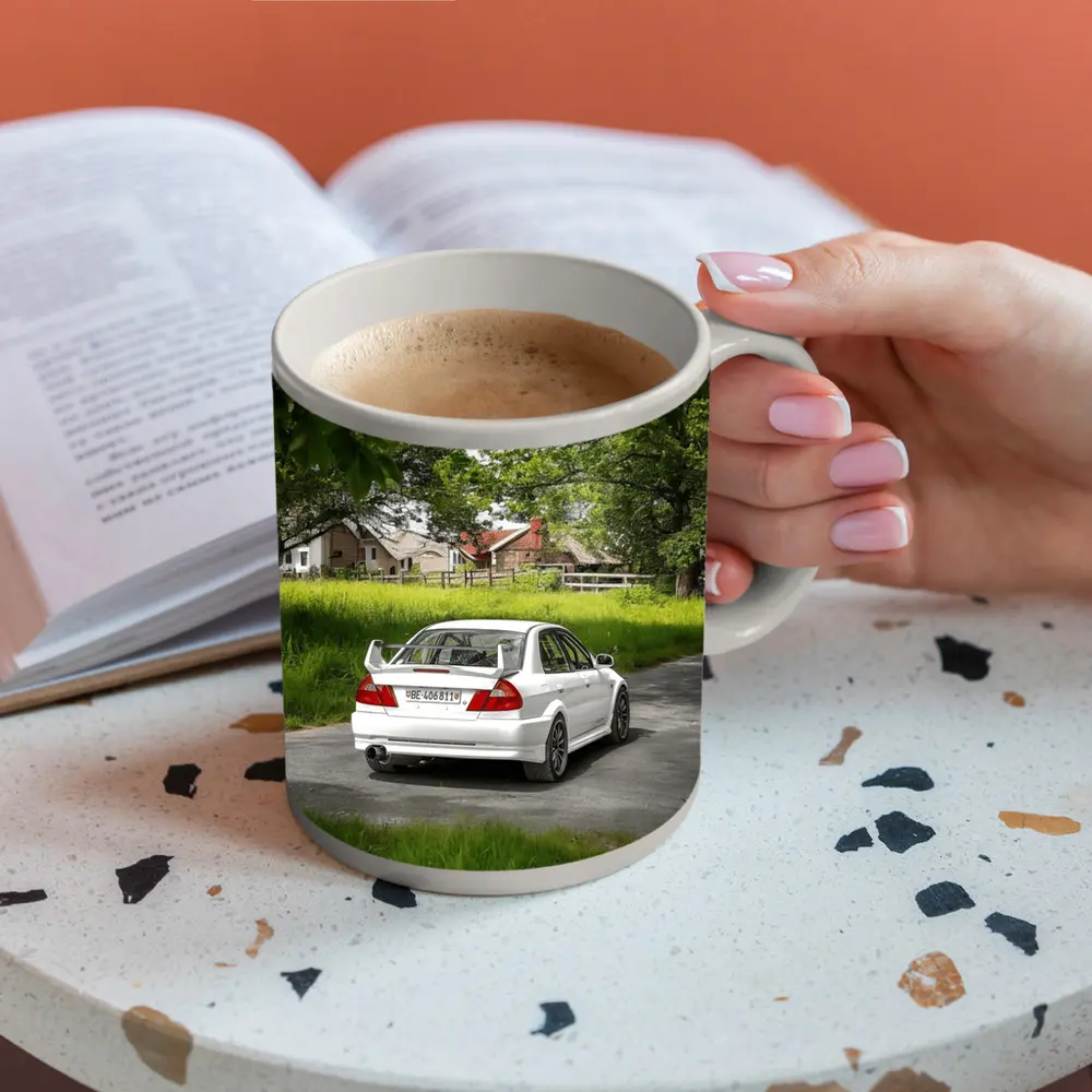 Mitsubishi Lancer Evolution White Rural Road – Mugs