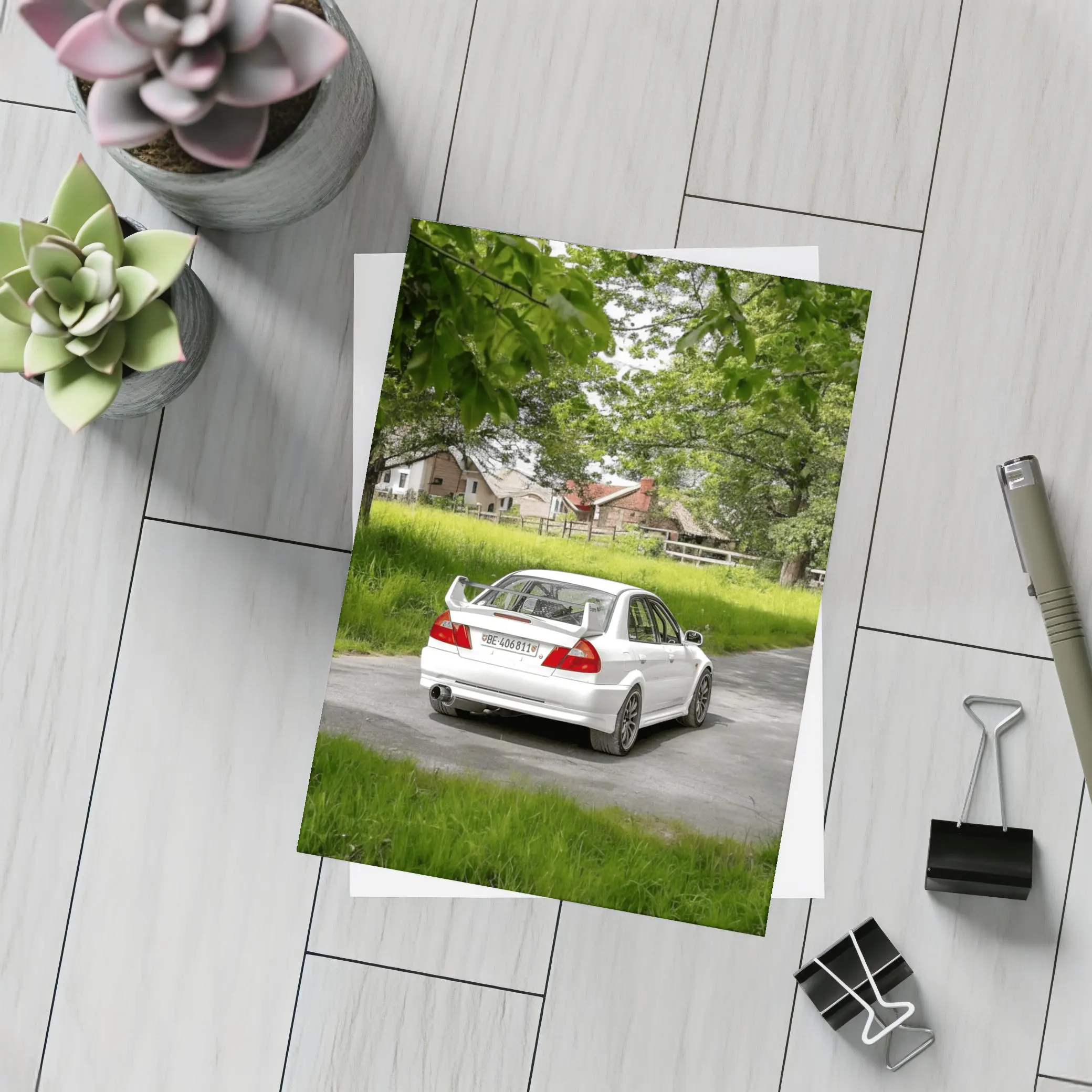 Mitsubishi Lancer Evolution White Rural Road – Postcards