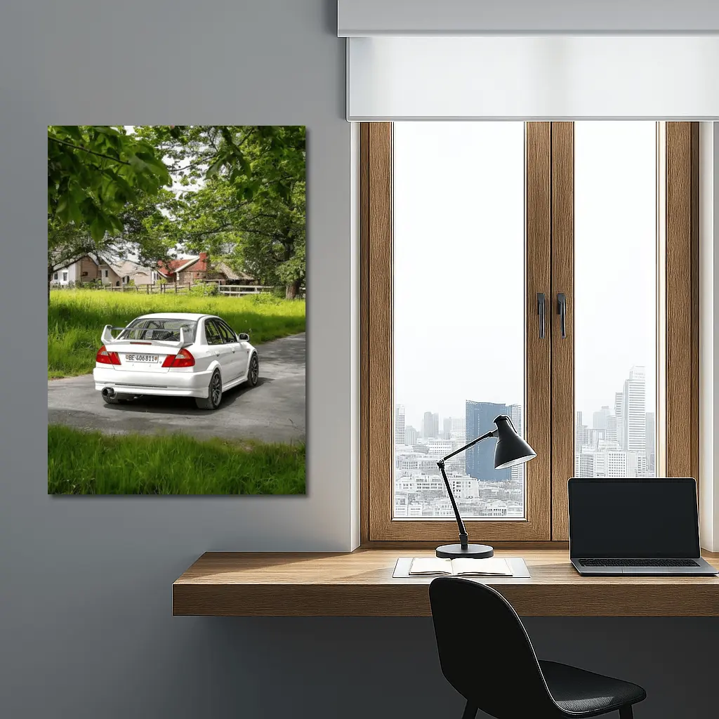 Mitsubishi Lancer Evolution White Rural Road – Wall Art