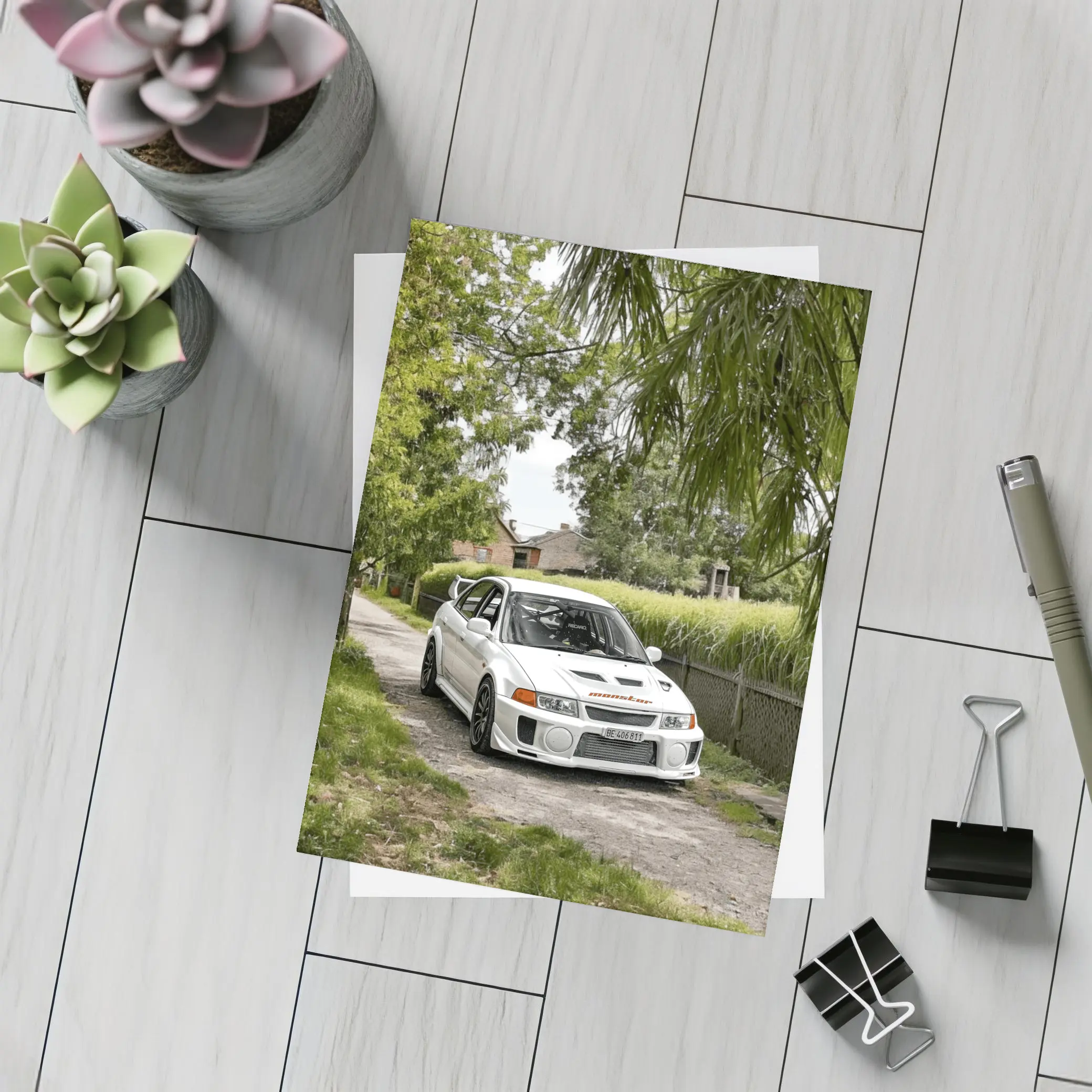 Mitsubishi Lancer Evolution White Gravel Road – Postcards