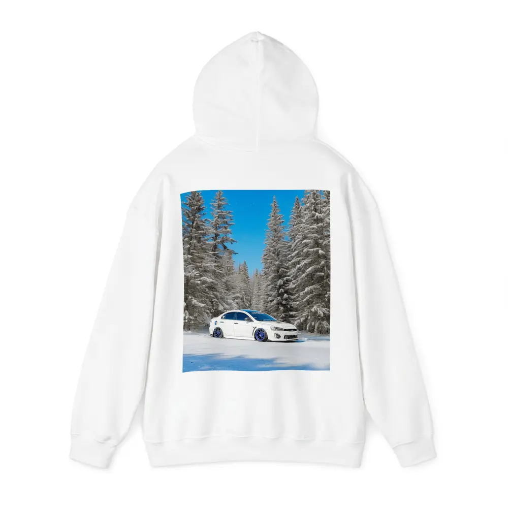 Mitsubishi Lancer White Slammed Snowy Forest – Hoodies