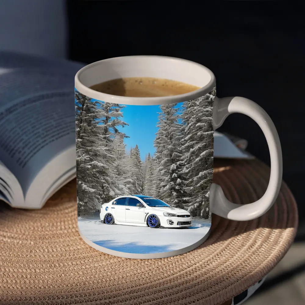 Mitsubishi Lancer White Slammed Snowy Forest – Mugs