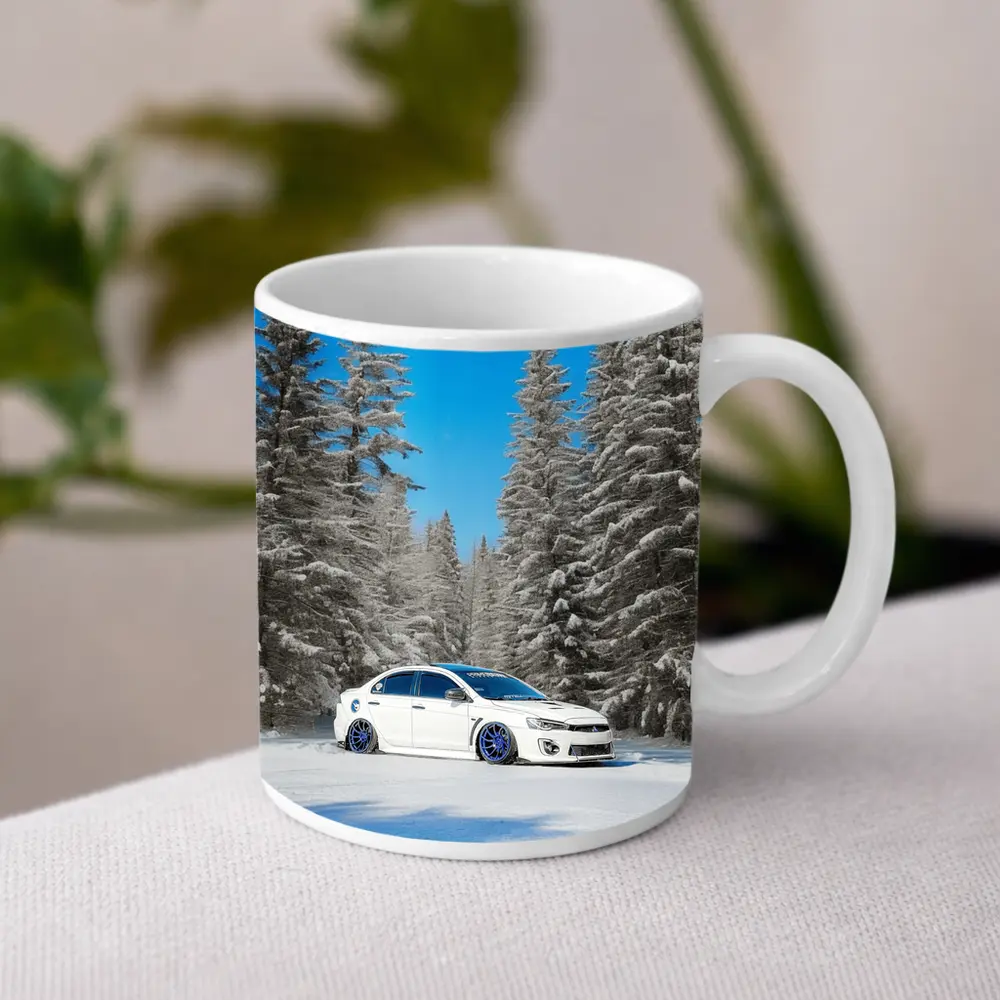 Mitsubishi Lancer White Slammed Snowy Forest – Mugs