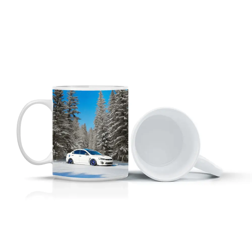Mitsubishi Lancer White Slammed Snowy Forest – Mugs