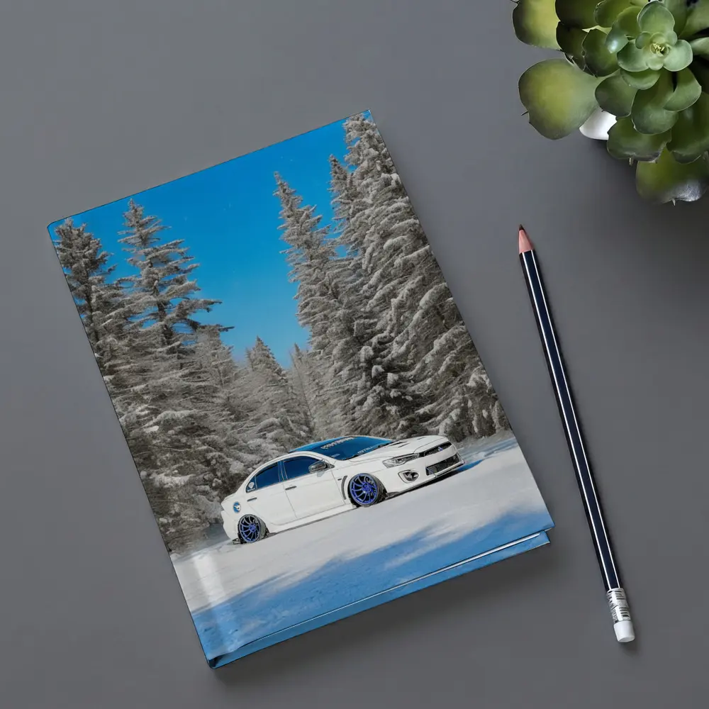 Mitsubishi Lancer White Slammed Snowy Forest – Notebooks