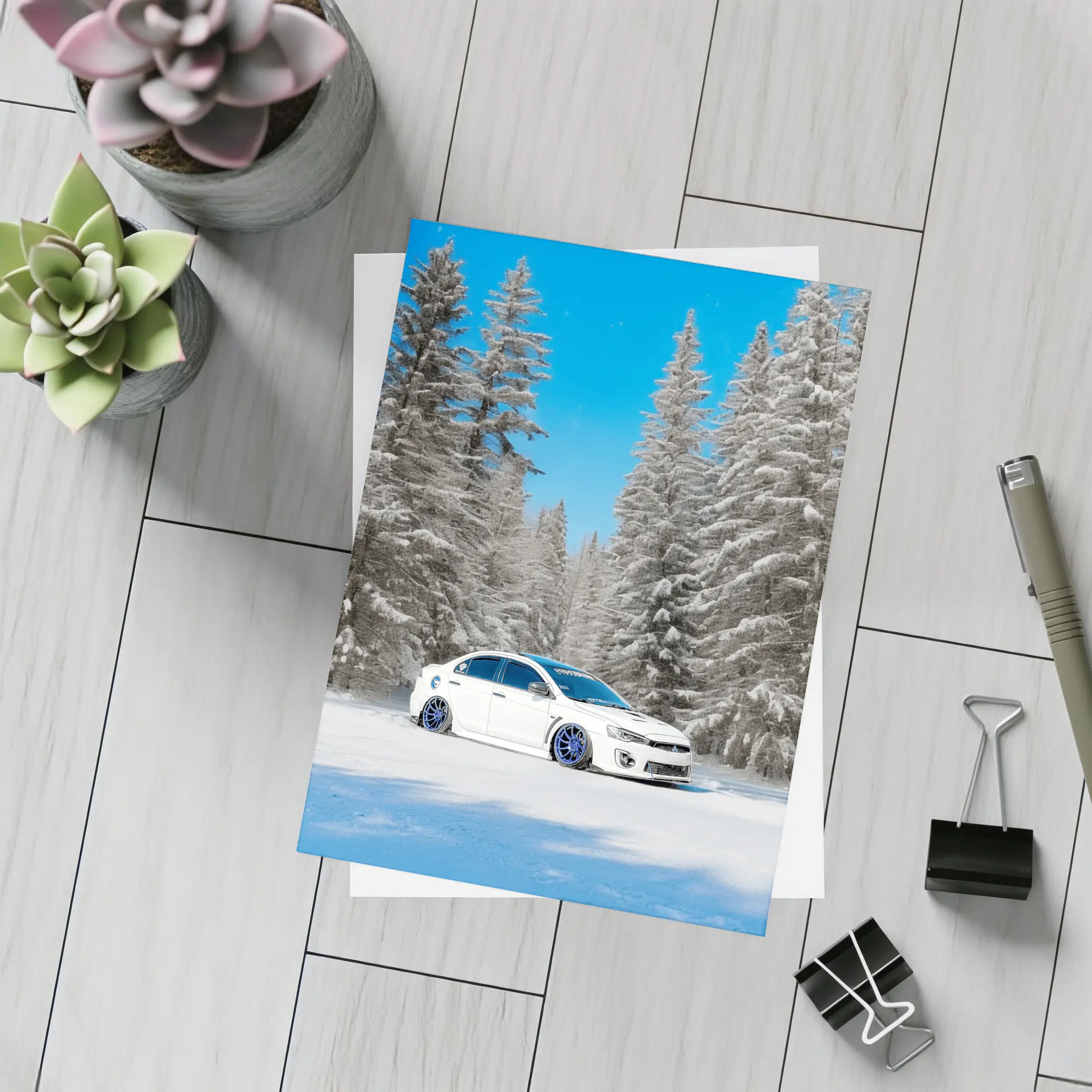 Mitsubishi Lancer White Slammed Snowy Forest – Postcards