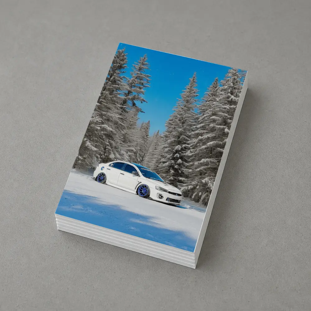 Mitsubishi Lancer White Slammed Snowy Forest – Postcards
