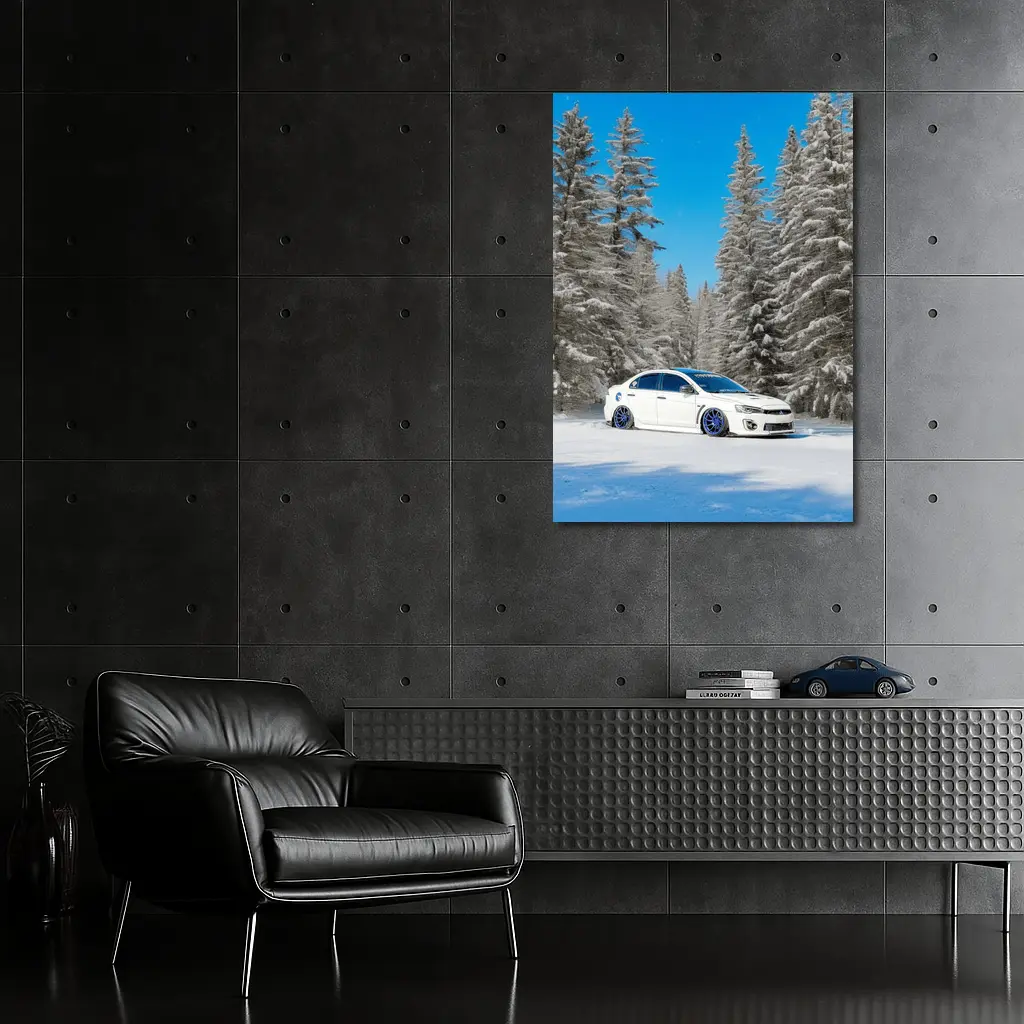 Mitsubishi Lancer White Slammed Snowy Forest – Wall Art