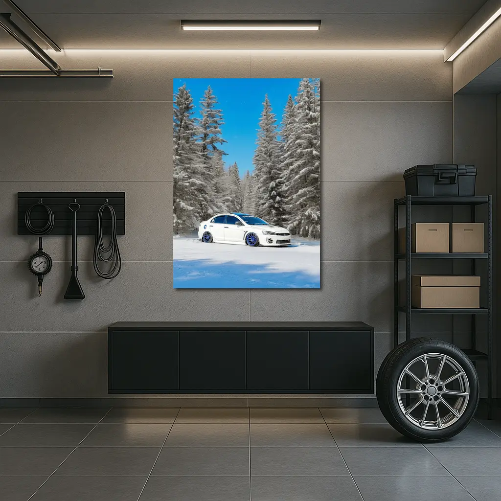Mitsubishi Lancer White Slammed Snowy Forest – Wall Art