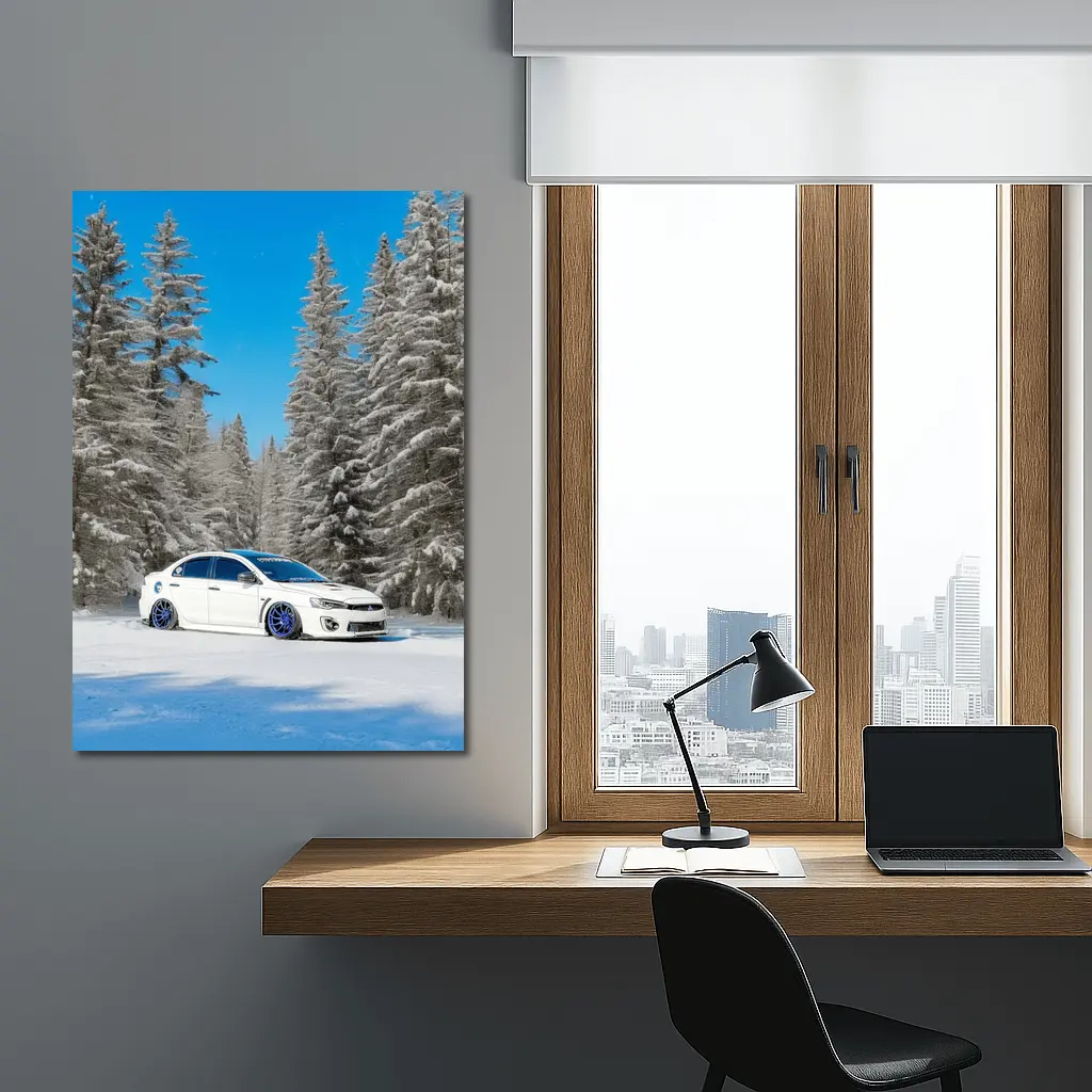 Mitsubishi Lancer White Slammed Snowy Forest – Wall Art