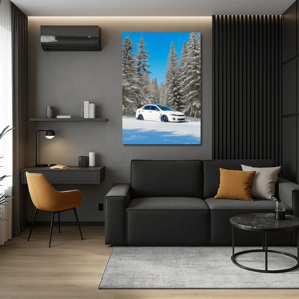 Mitsubishi Lancer White Slammed Snowy Forest – Wall Art
