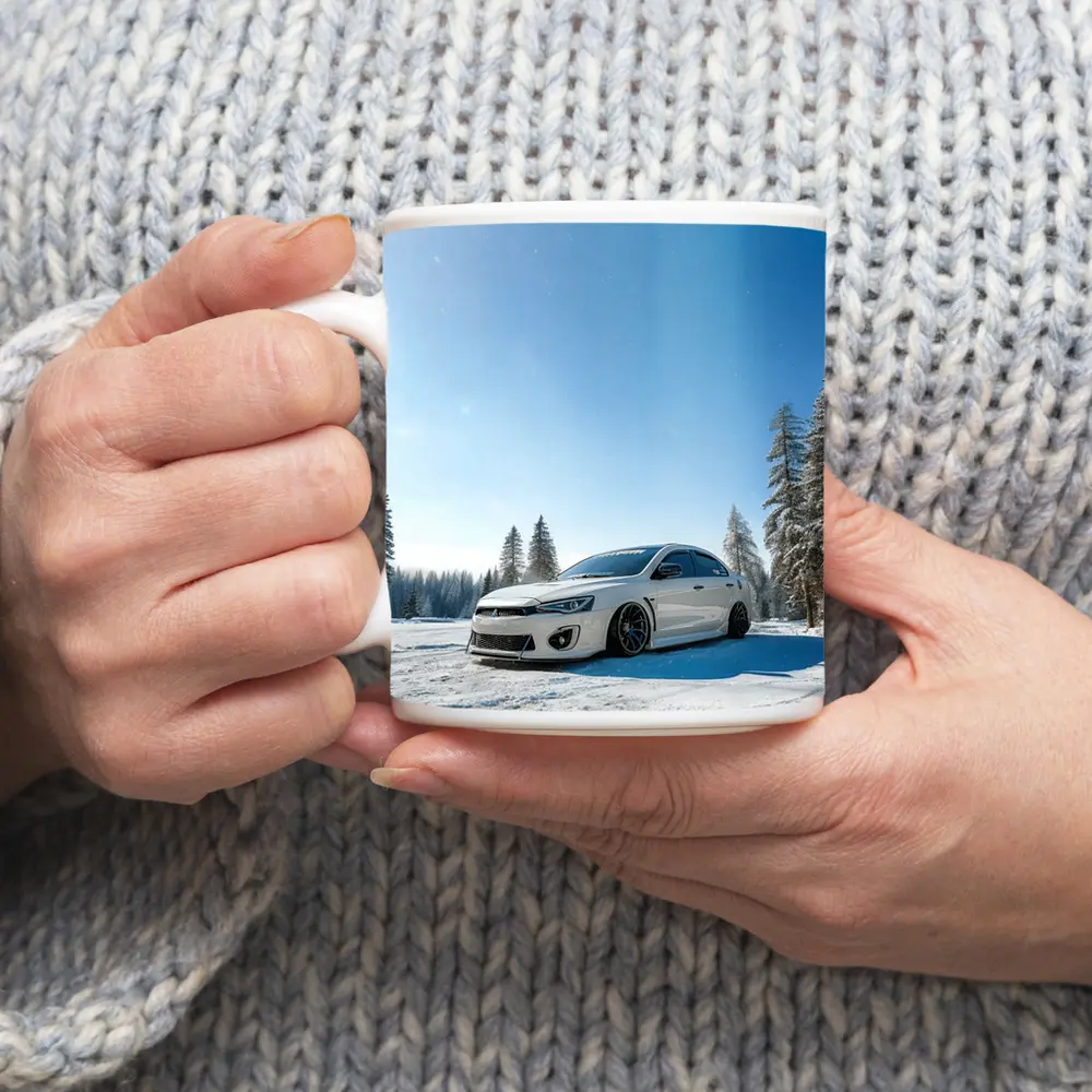 Mitsubishi Lancer White Stance Snow Forest – Mugs