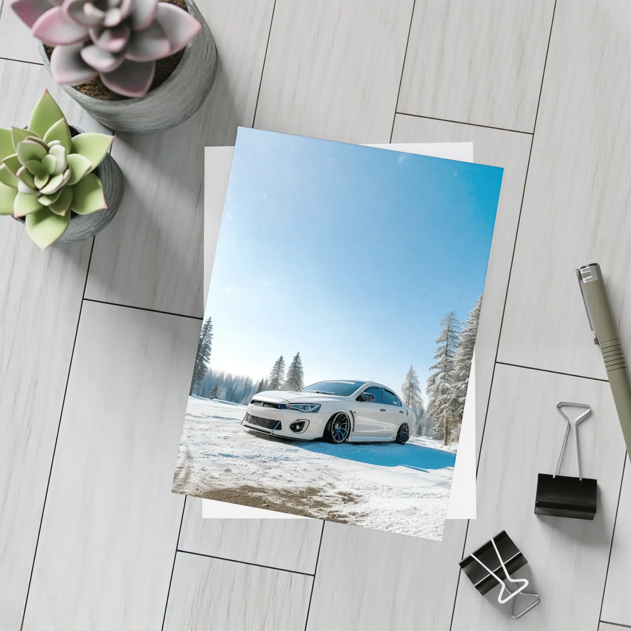 Mitsubishi Lancer White Stance Snow Forest – Postcards