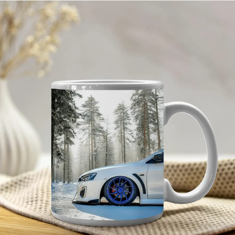 Mitsubishi Lancer White Stance Snowy Forest – Mugs