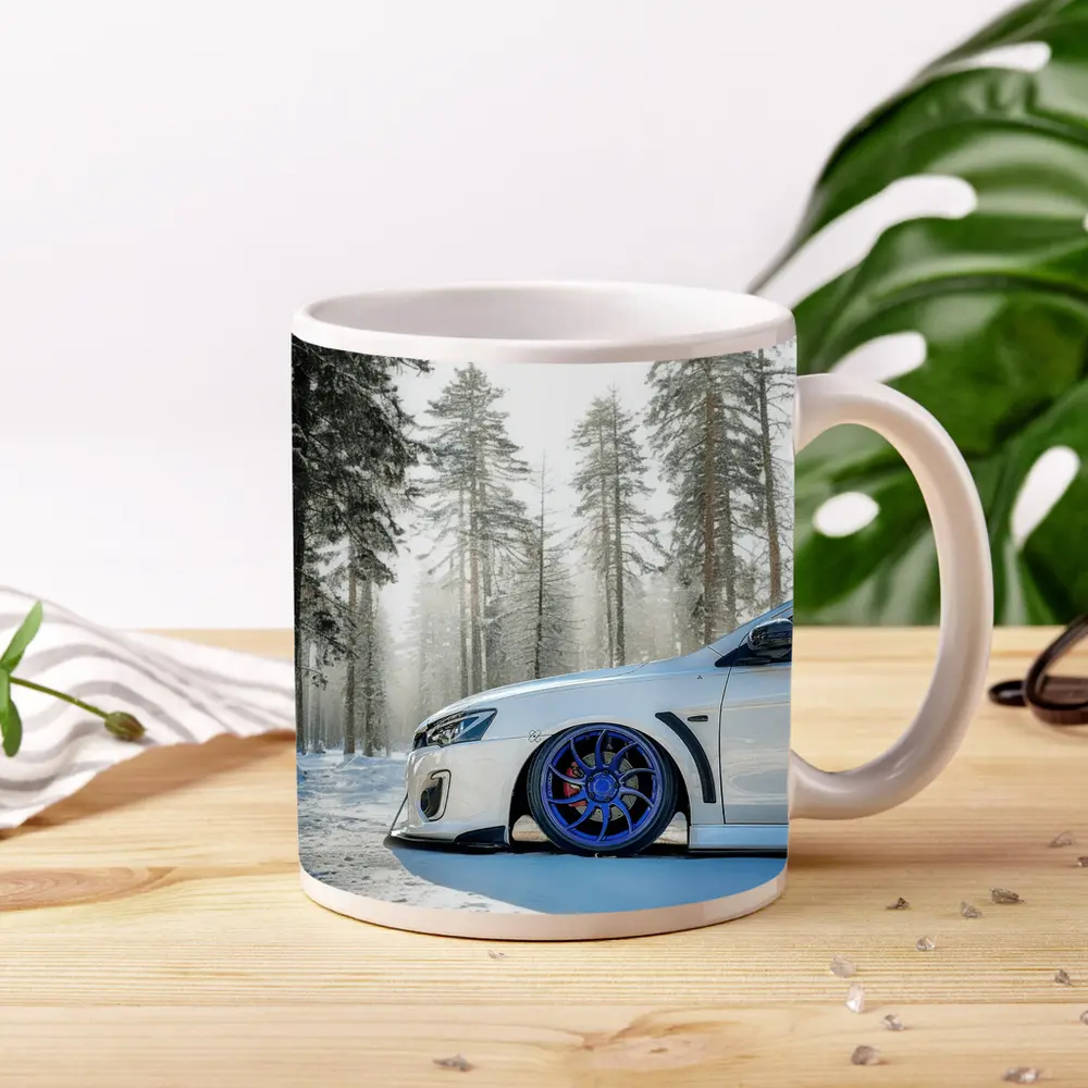 Mitsubishi Lancer White Stance Snowy Forest – Mugs