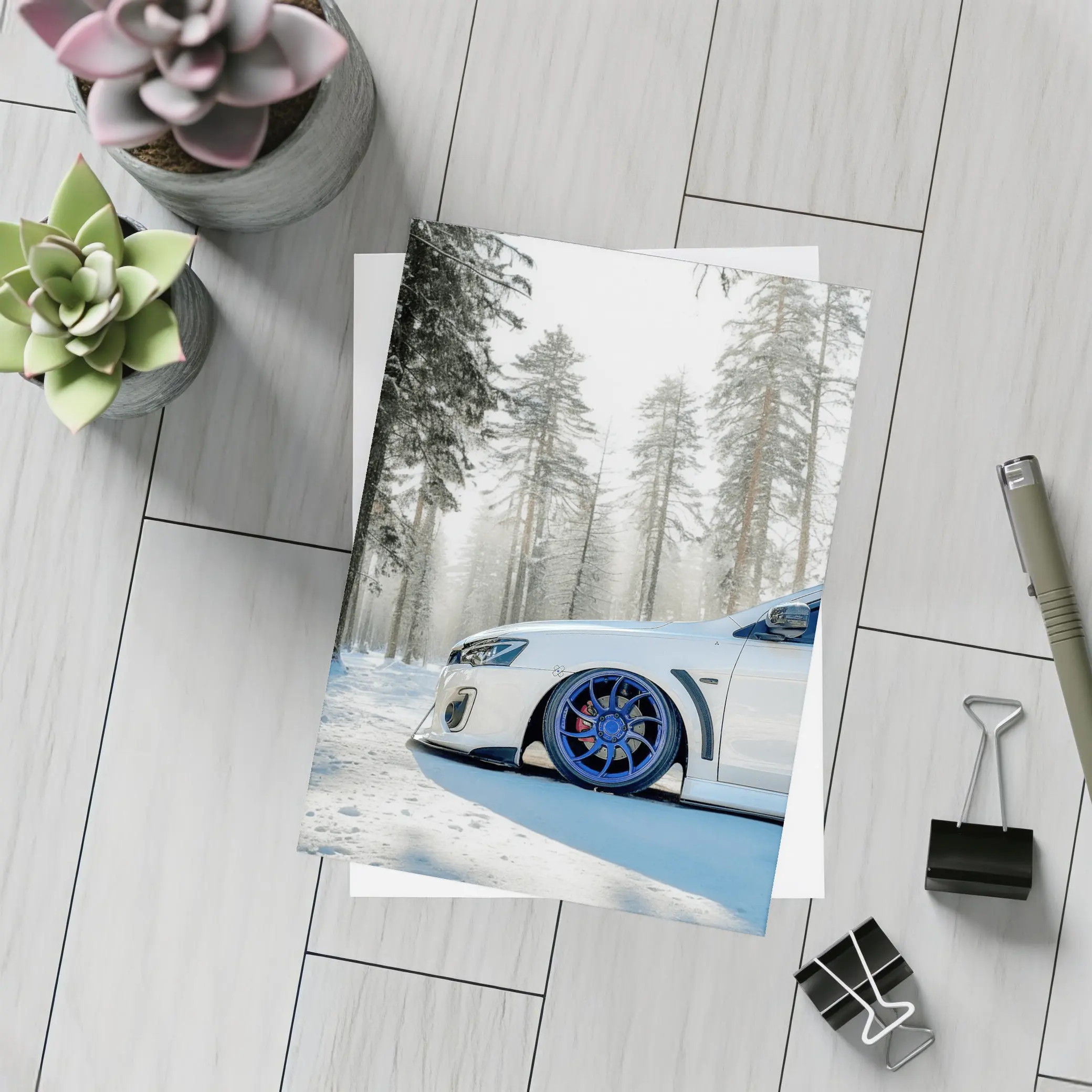 Mitsubishi Lancer White Stance Snowy Forest – Postcards