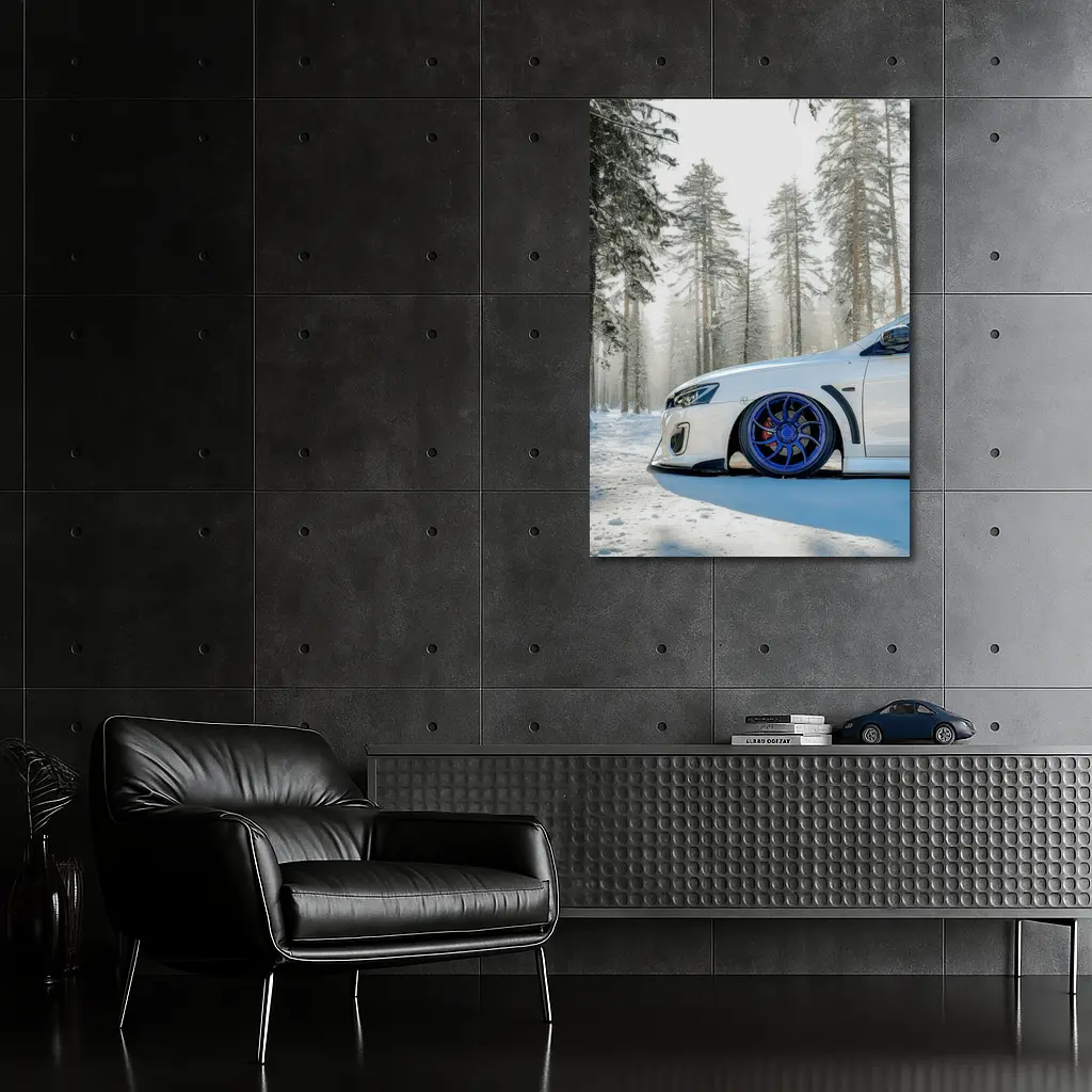 Mitsubishi Lancer White Stance Snowy Forest – Wall Art