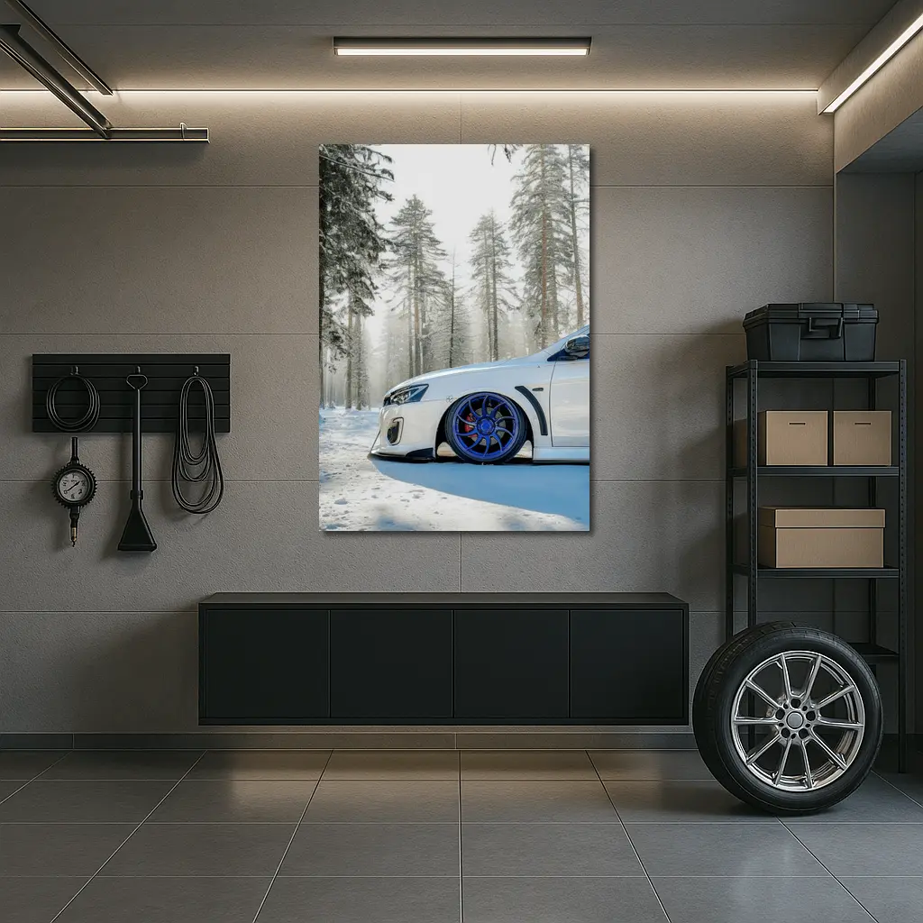 Mitsubishi Lancer White Stance Snowy Forest – Wall Art