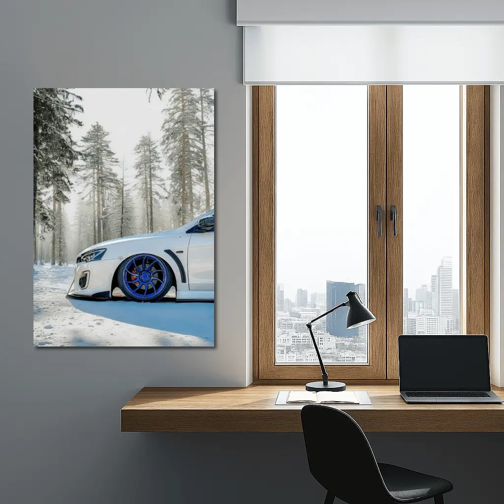 Mitsubishi Lancer White Stance Snowy Forest – Wall Art