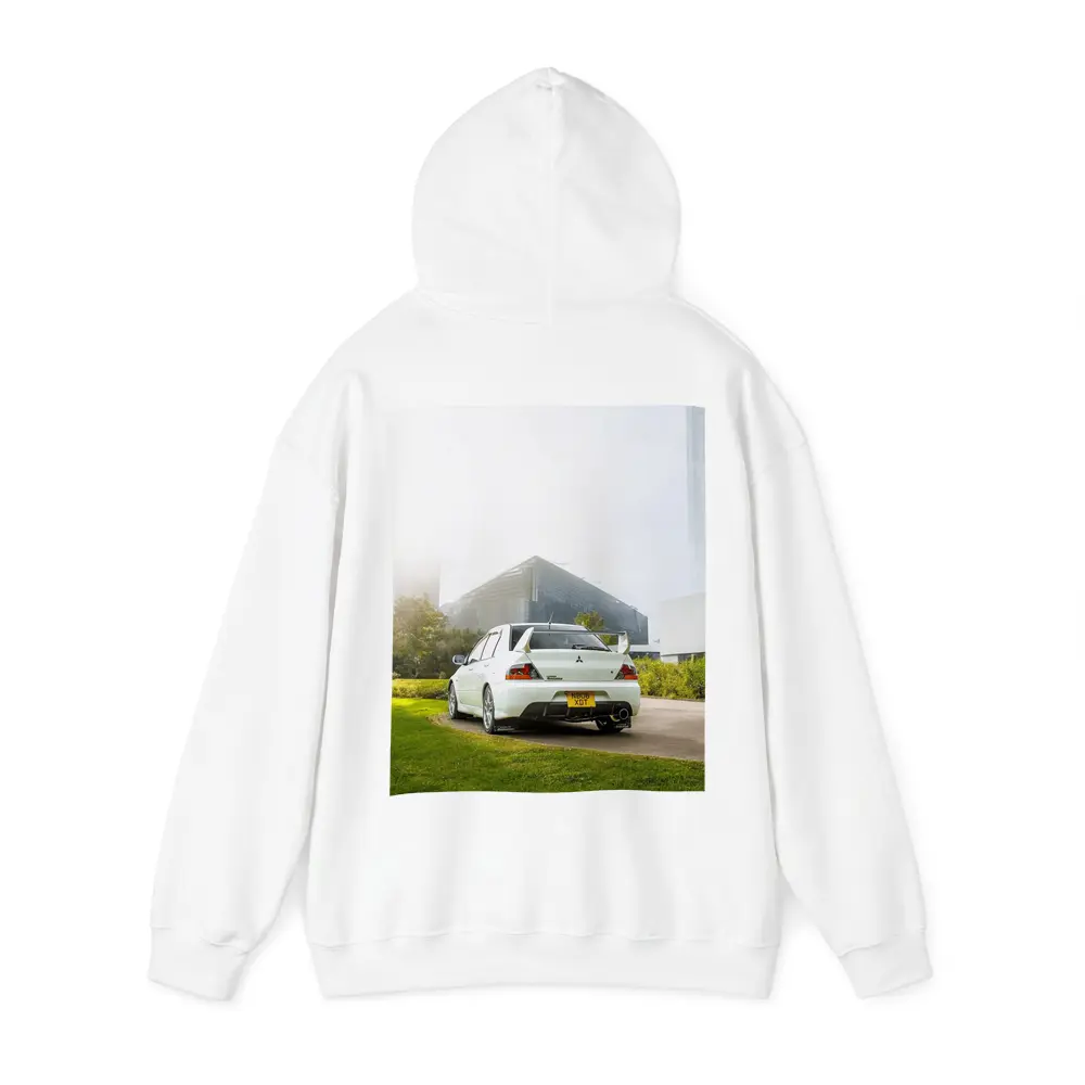 Mitsubishi Lancer Evolution White City Background – Hoodies