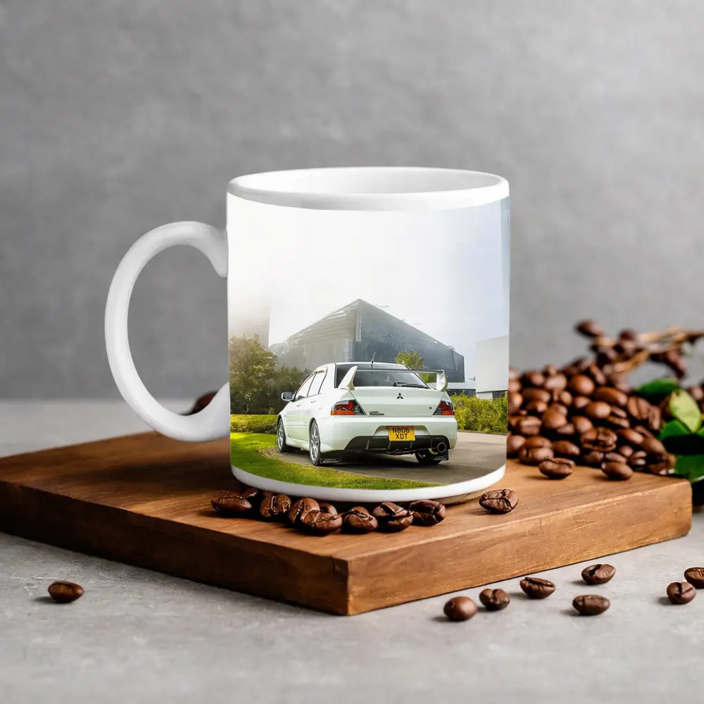Mitsubishi Lancer Evolution White City Background – Mugs