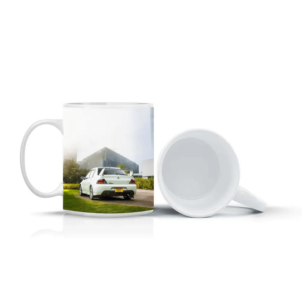 Mitsubishi Lancer Evolution White City Background – Mugs