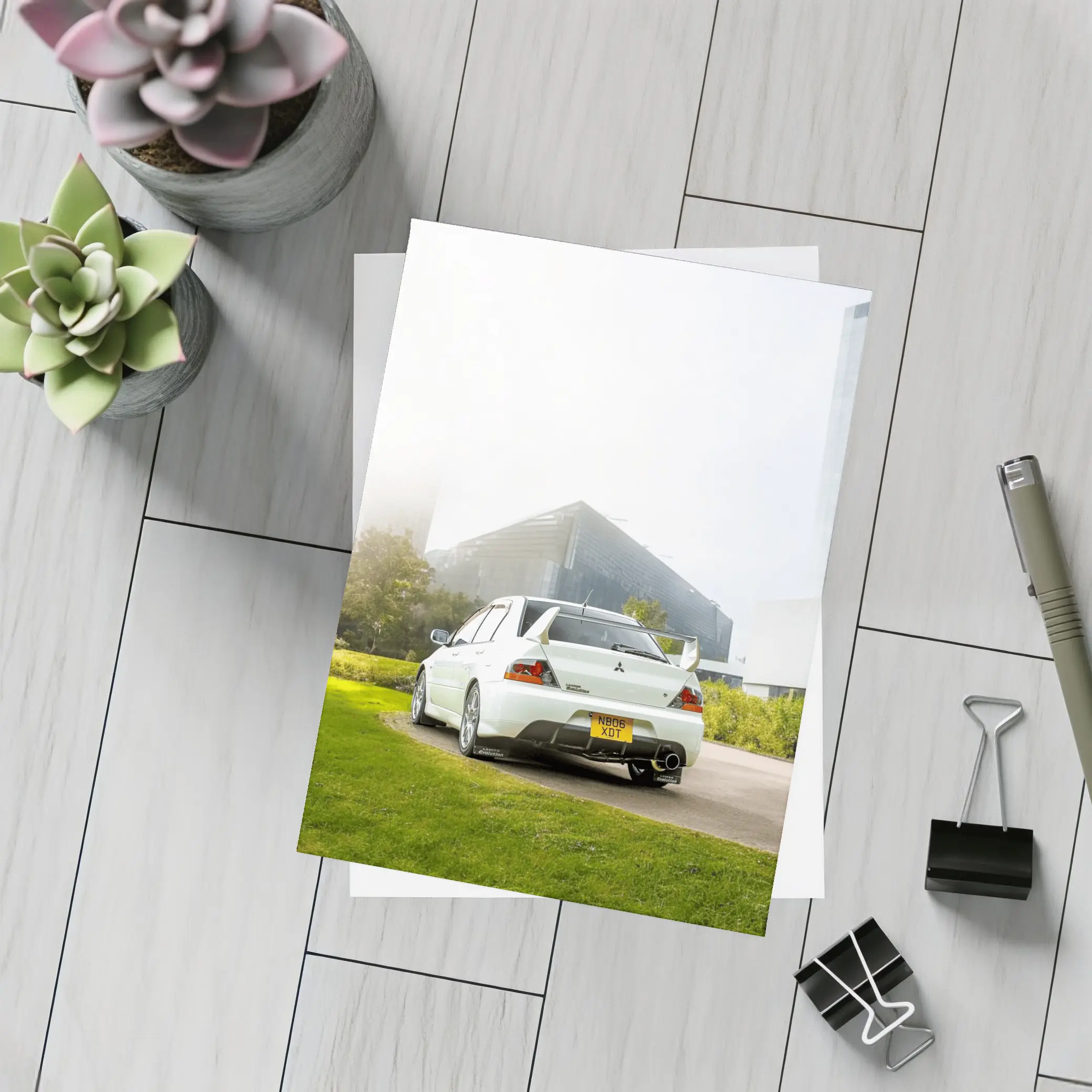 Mitsubishi Lancer Evolution White City Background – Postcards