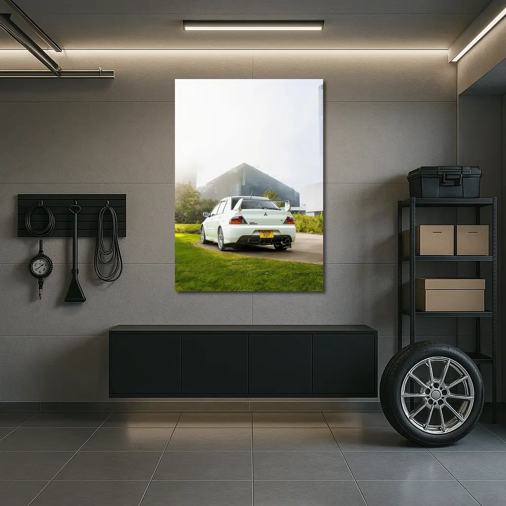 Mitsubishi Lancer Evolution White City Background – Wall Art