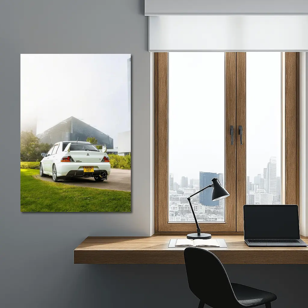 Mitsubishi Lancer Evolution White City Background – Wall Art