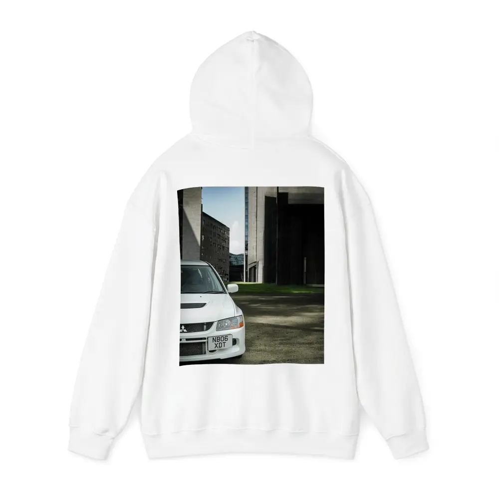 Mitsubishi Lancer Evo White Urban Setting – Hoodies