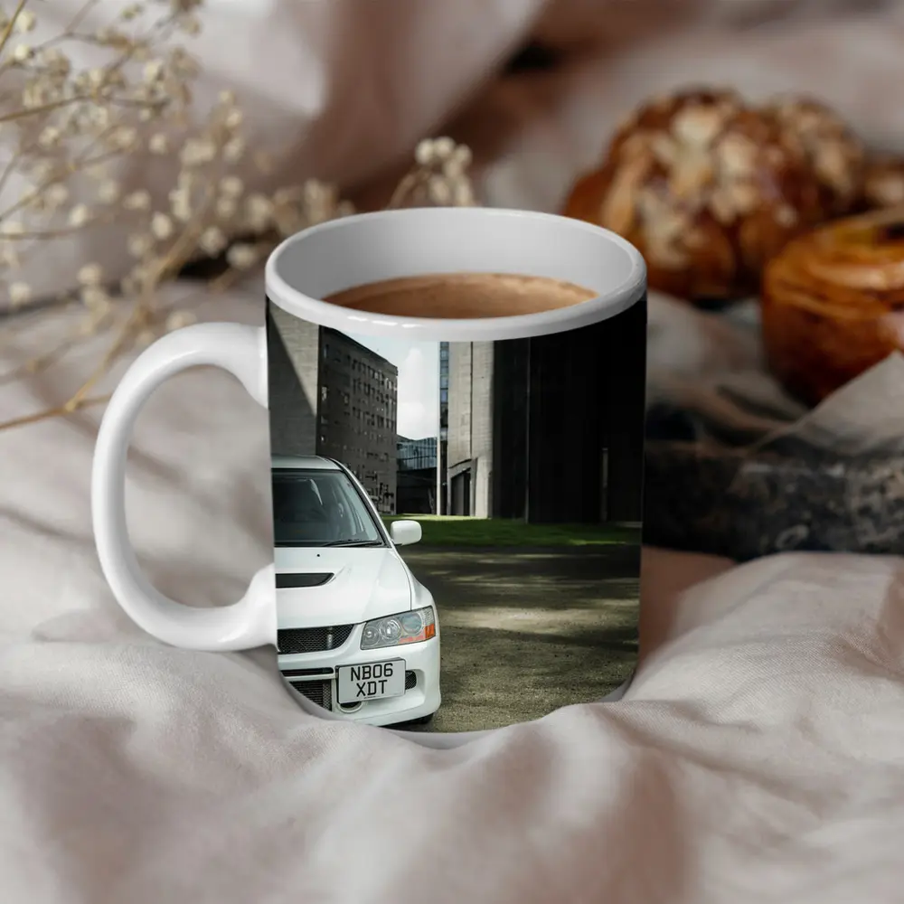 Mitsubishi Lancer Evo White Urban Setting – Mugs