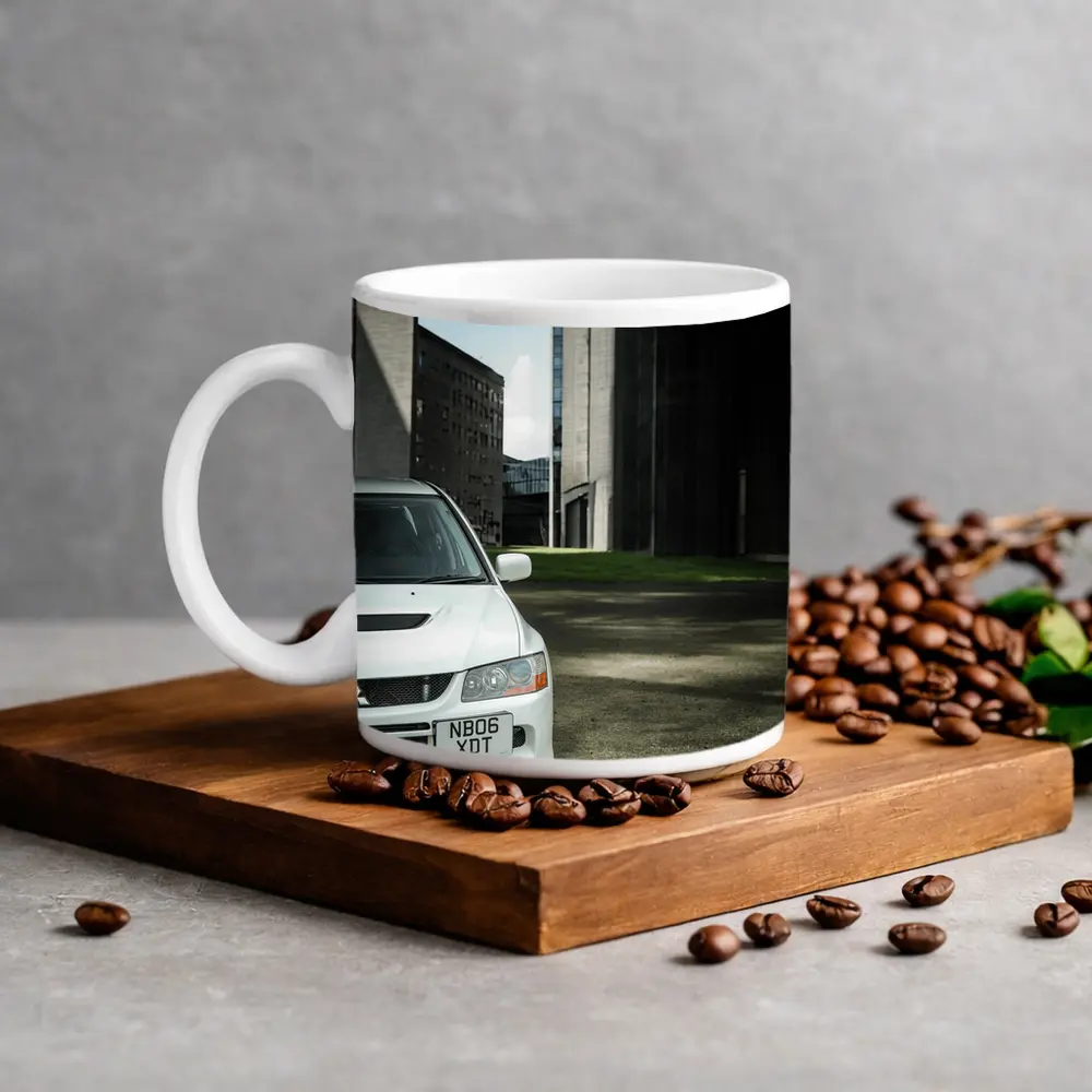 Mitsubishi Lancer Evo White Urban Setting – Mugs