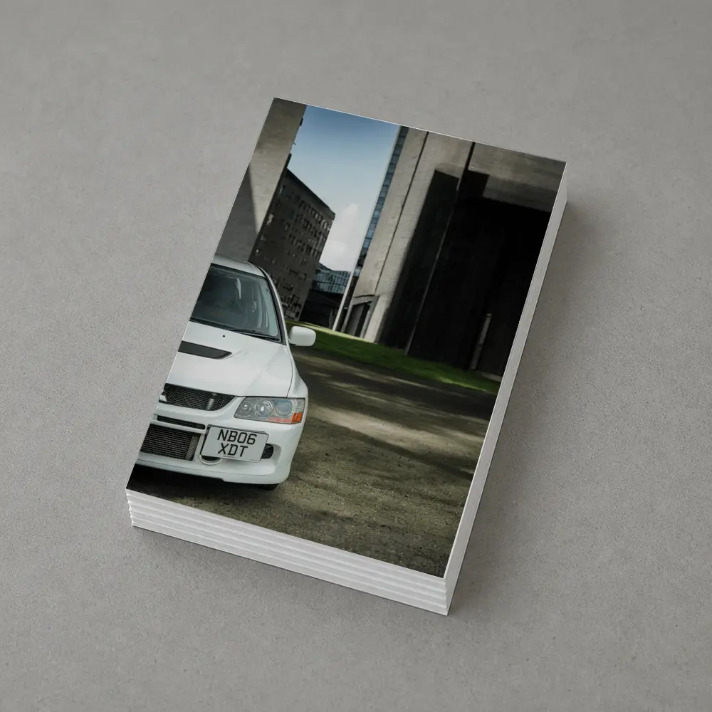 Mitsubishi Lancer Evo White Urban Setting – Postcards