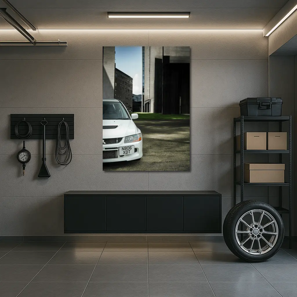Mitsubishi Lancer Evo White Urban Setting – Wall Art