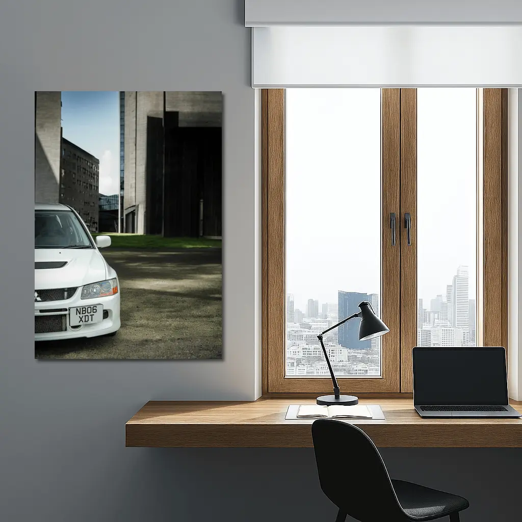 Mitsubishi Lancer Evo White Urban Setting – Wall Art