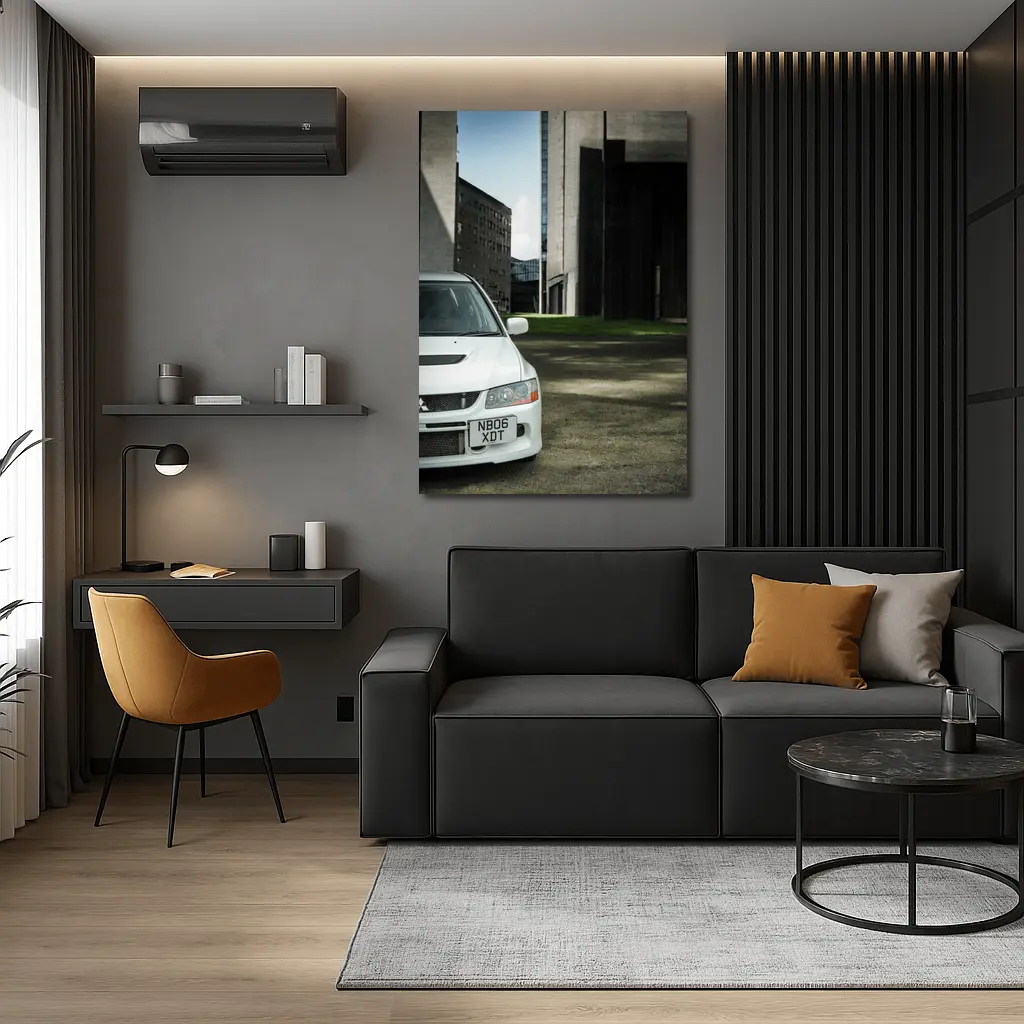 Mitsubishi Lancer Evo White Urban Setting – Wall Art