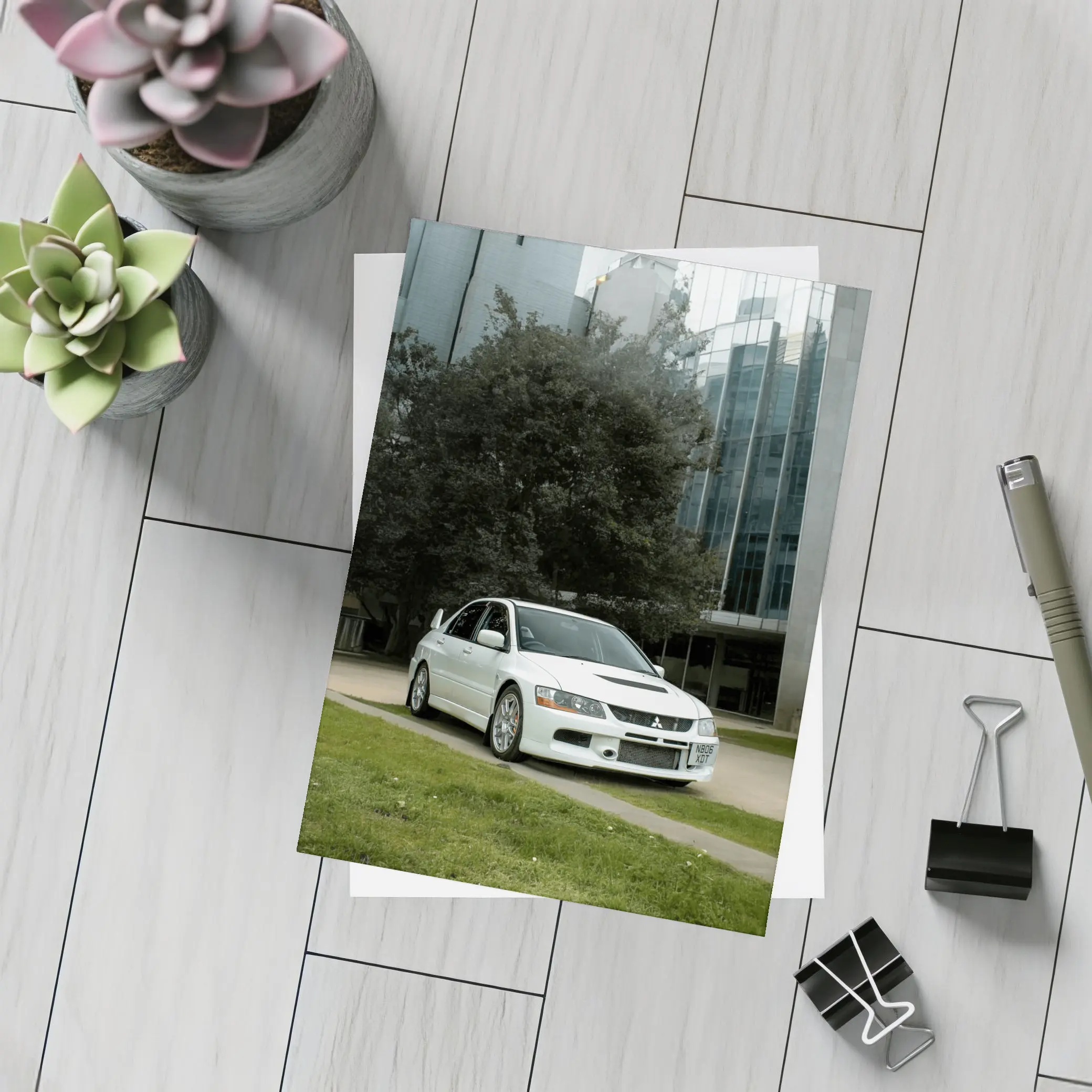 Mitsubishi Lancer Evolution White Urban City – Postcards