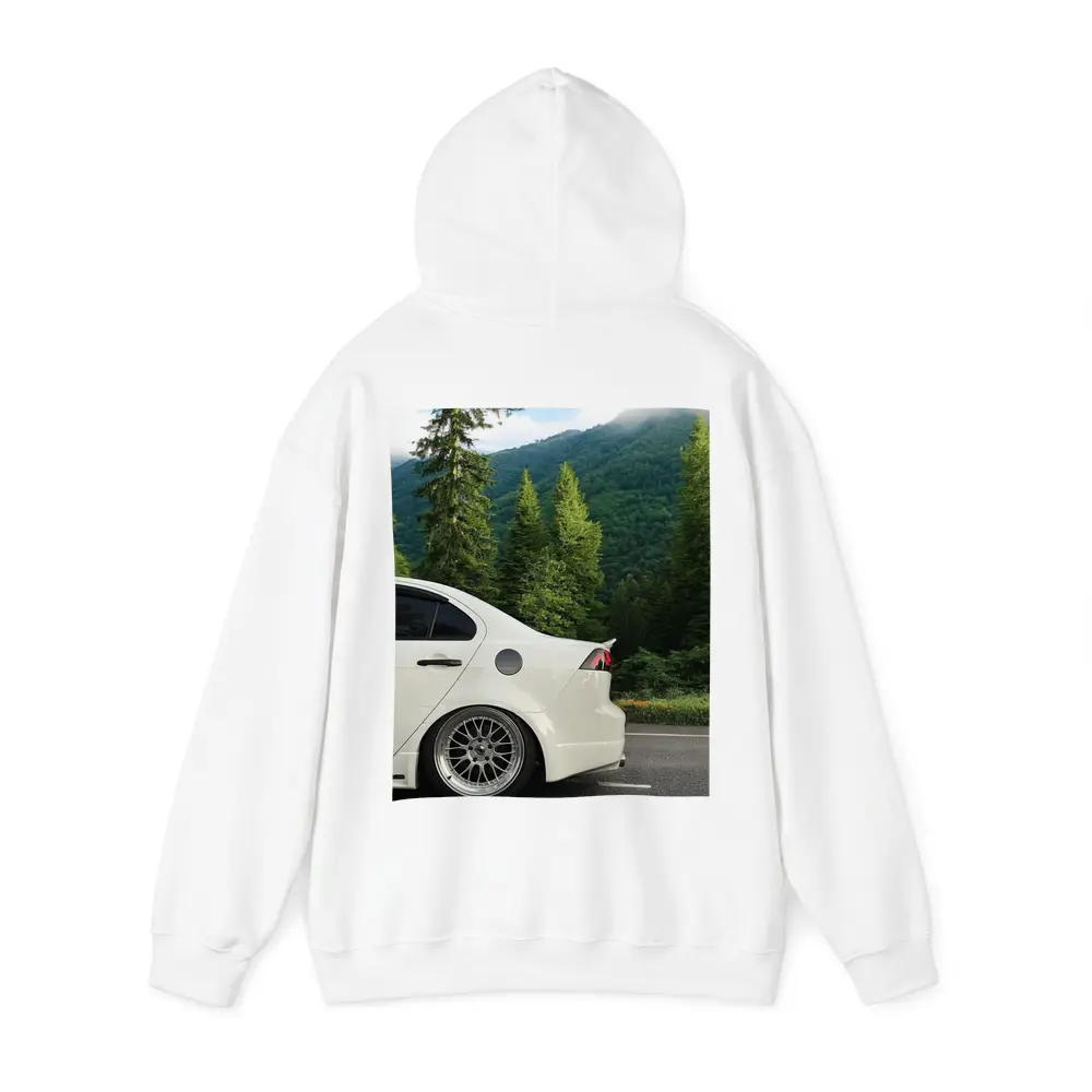 Mitsubishi Lancer White Car Mountain Forest – Hoodies