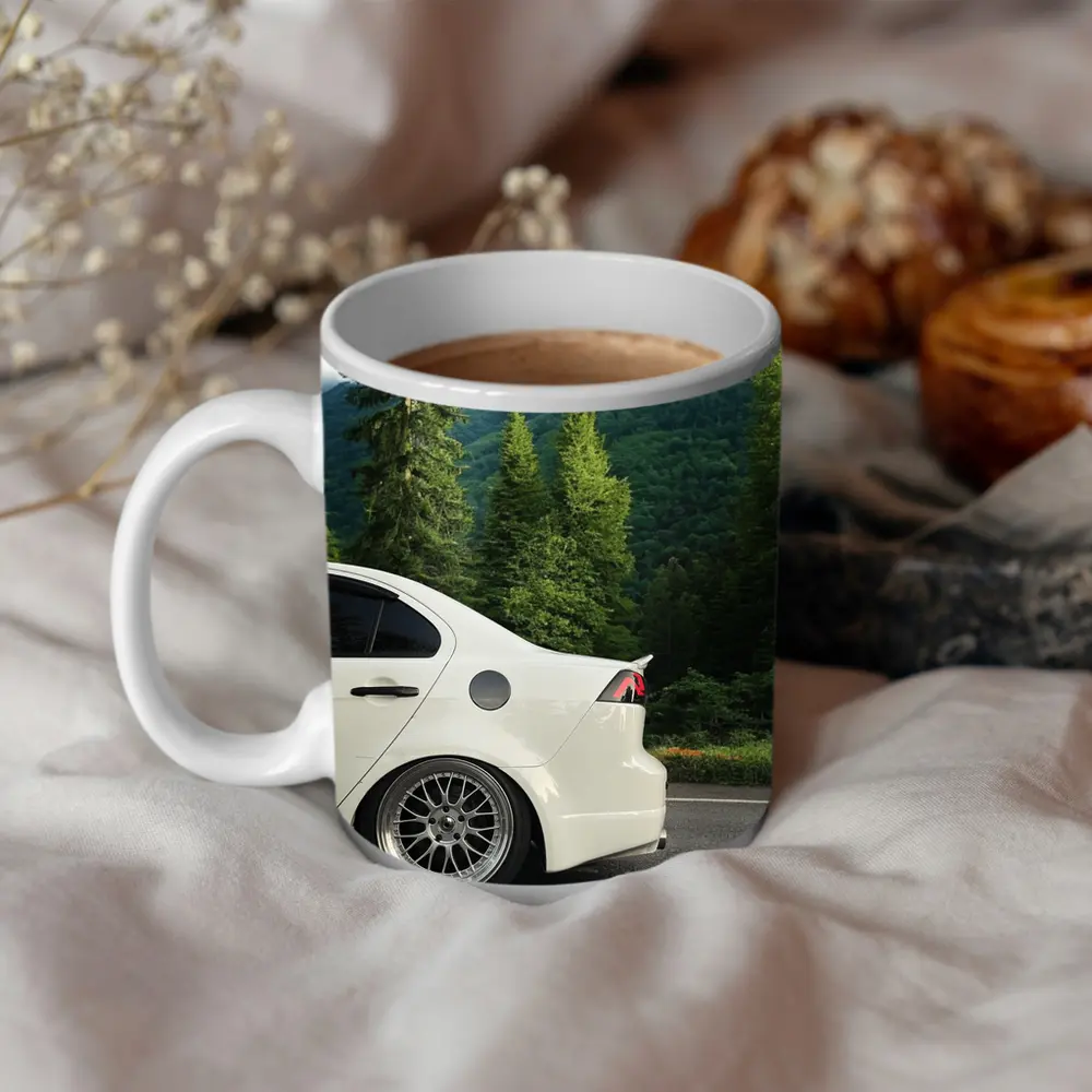 Mitsubishi Lancer White Car Mountain Forest – Mugs
