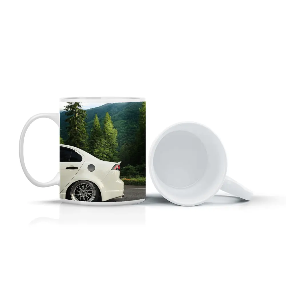 Mitsubishi Lancer White Car Mountain Forest – Mugs