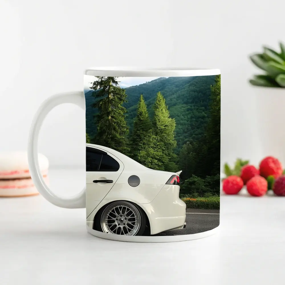 Mitsubishi Lancer White Car Mountain Forest – Mugs