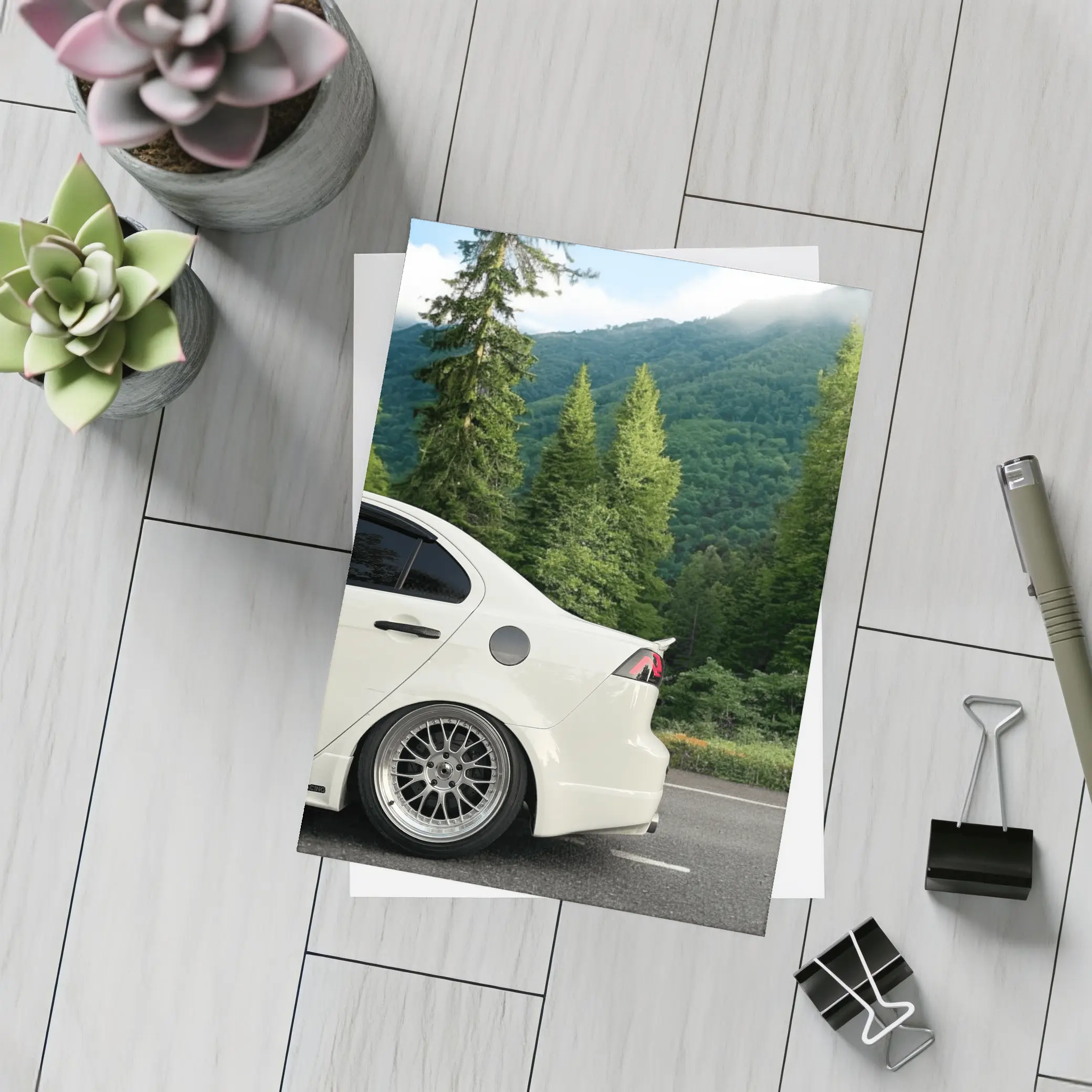 Mitsubishi Lancer White Car Mountain Forest – Postcards