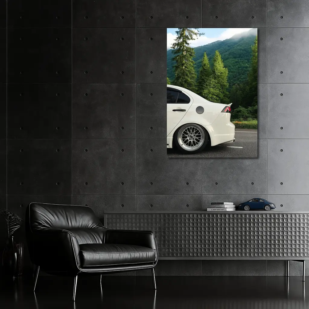 Mitsubishi Lancer White Car Mountain Forest – Wall Art