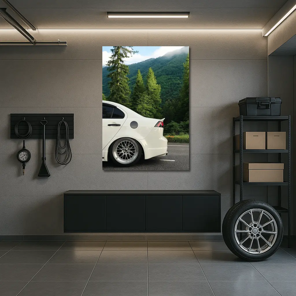 Mitsubishi Lancer White Car Mountain Forest – Wall Art