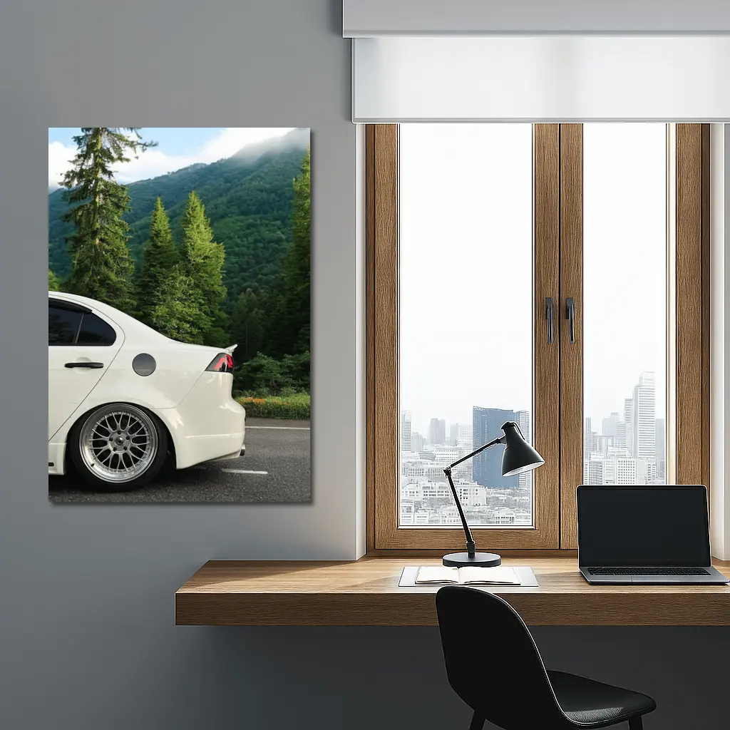 Mitsubishi Lancer White Car Mountain Forest – Wall Art
